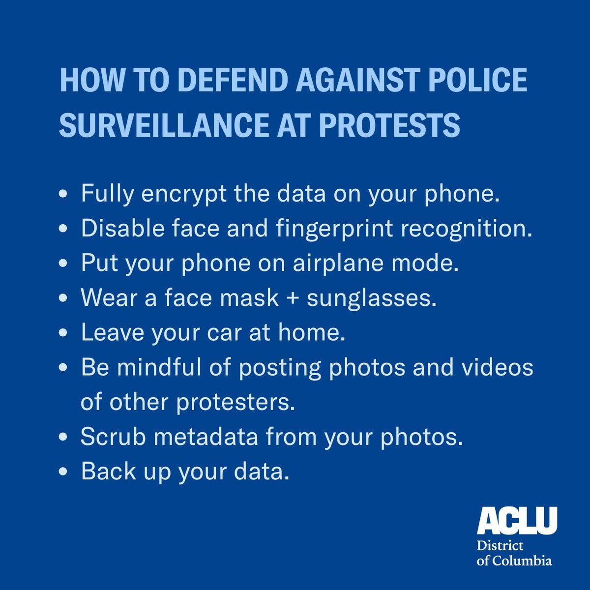 ACLU_DC's tweet image. Protecting your privacy as a protestor will help keep yourself, your information, and other protesters safe, as well as get your message out.
acludc.org/how-defend-aga…