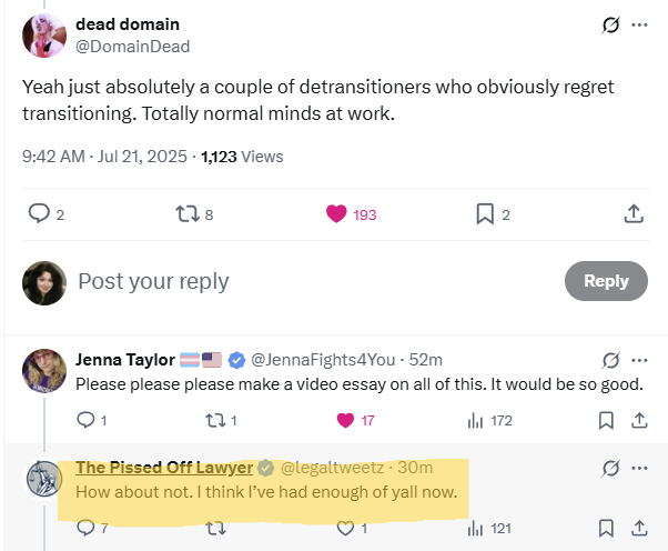 queerlara's tweet image. Constantly posts ragebait trying to piss off the trans community for engagement
Complains when said ragebait actually pisses people off.