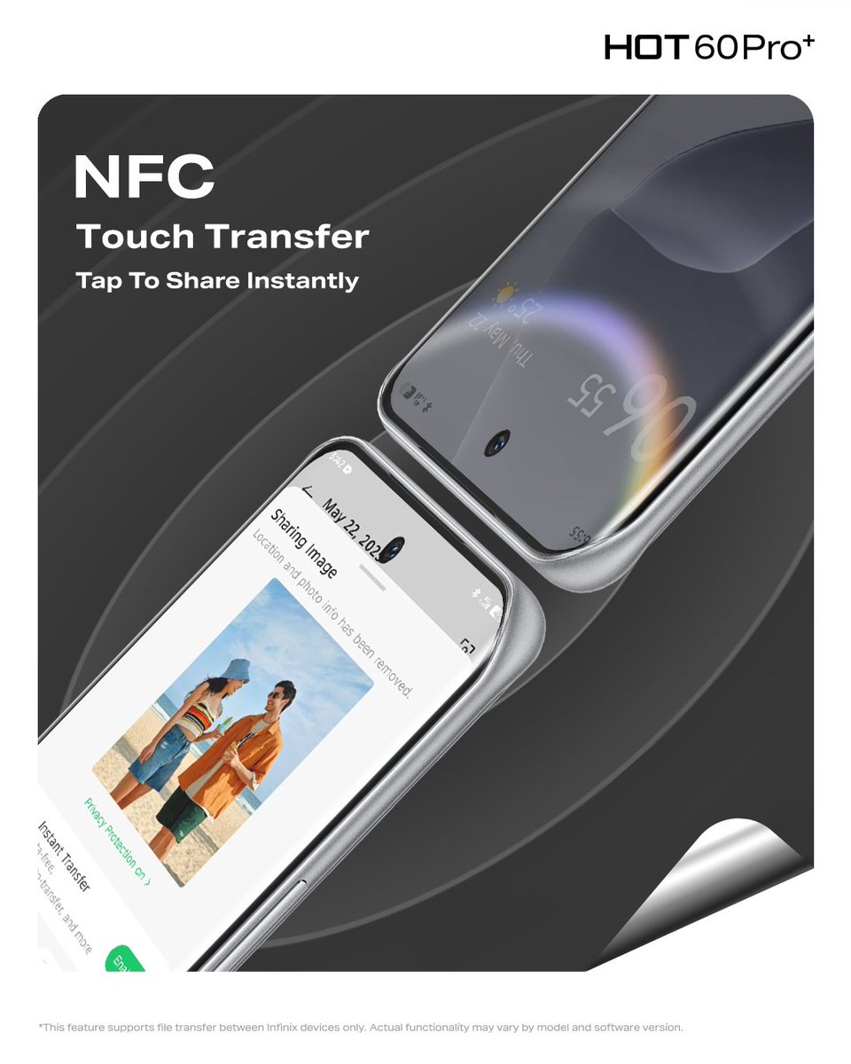 It’s more than just a phone—it’s your sharing machine.
With built-in NFC, the #InfinixHot60Series lets you transfer files in the blink of an eye. Just tap. Just go.

#InfinixHot60Series
#InfinixHot60Series9ja
#InfinixNigeria
#Hot60pro
#UltraSlimUltraPowerful