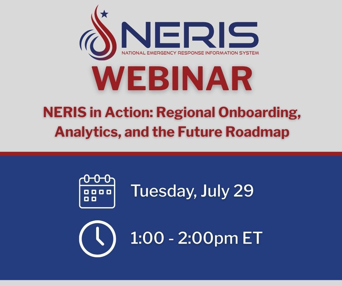 NVFC's tweet image. NERIS in Action: Regional Onboarding, Analytics, and the Future Roadmap
📅 Tuesday, July 29, 2025
🕐 1:00 - 2:00pm ET
Get the latest updates and bring your questions — register now!
🔗 bit.ly/3IDohLi