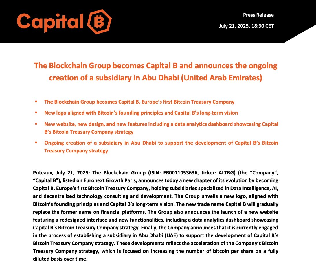 _ALTBG's tweet image. The Blockchain Group becomes⚡️Capital B⚡️and announces the ongoing creation of a subsidiary in Abu Dhabi (UAE)
Capital B Website: cptlb.com
Full Press Release (EN): cptlb.com/wp-content/upl…
Full Press Release (FR): cptlb.com/wp-content/upl…
BTC Strategy Update…