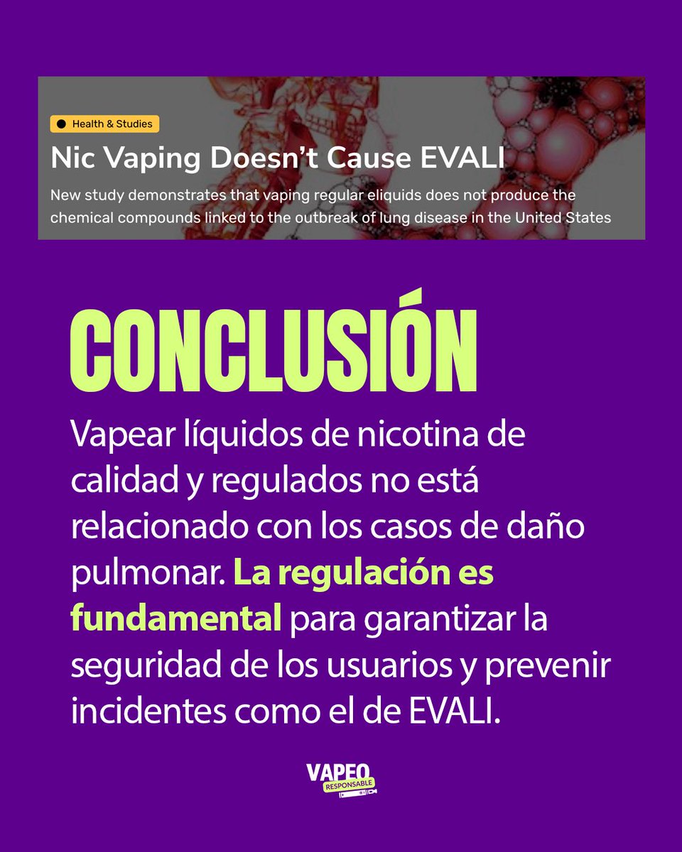 vaperesponsable's tweet image. Un nuevo estudio confirma: el vapeo con nicotina no está relacionado con los casos de EVALI. El problema fue causado por líquidos ilícitos de THC con acetato de vitamina E.
Regulación responsable = protección para los consumidores. ✊
Fuente: mdpi.com/2305-6304/8/1/8