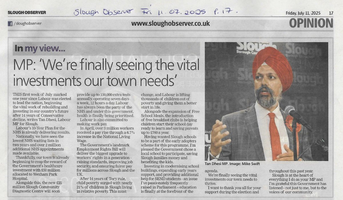 TanDhesi's tweet image. After chaos and managed decline under the Tories, Slough is finally seeing vital investments we’ve long needed in our public services - real progress is underway.
Here’s how @UKLabour’s first year in government is delivering for communities like ours:
sloughobserver.co.uk/news/25303706.…