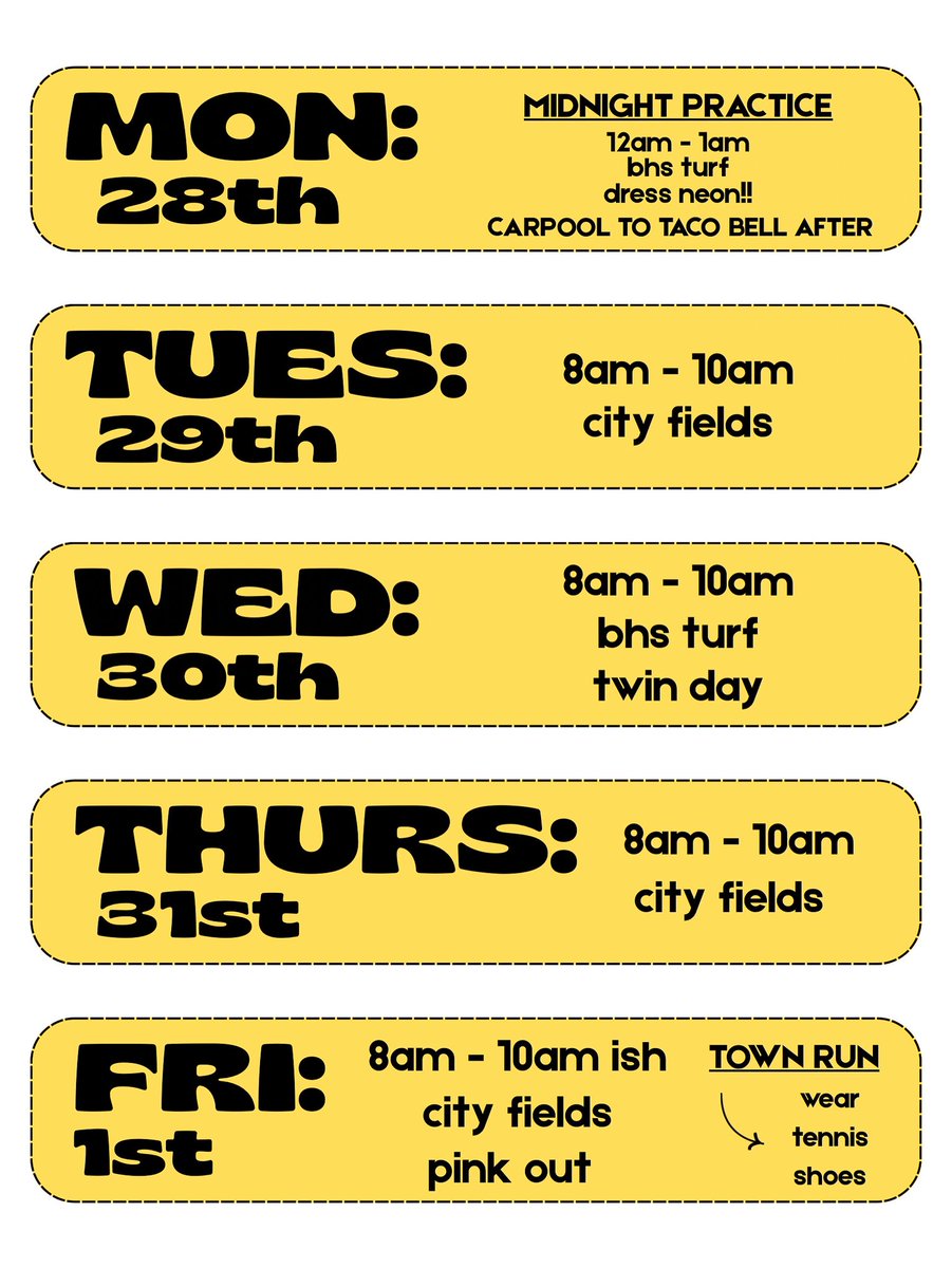 Captain’s practice 🔜

The seniors are ECSTATIC to announce our week one line up! It is going to be a great two weeks while we get prepared for a LEGENDARY season! We hope to see EVERYONE (7th - 12th grade) there! If you need ANY rides let a senior or a junior know!