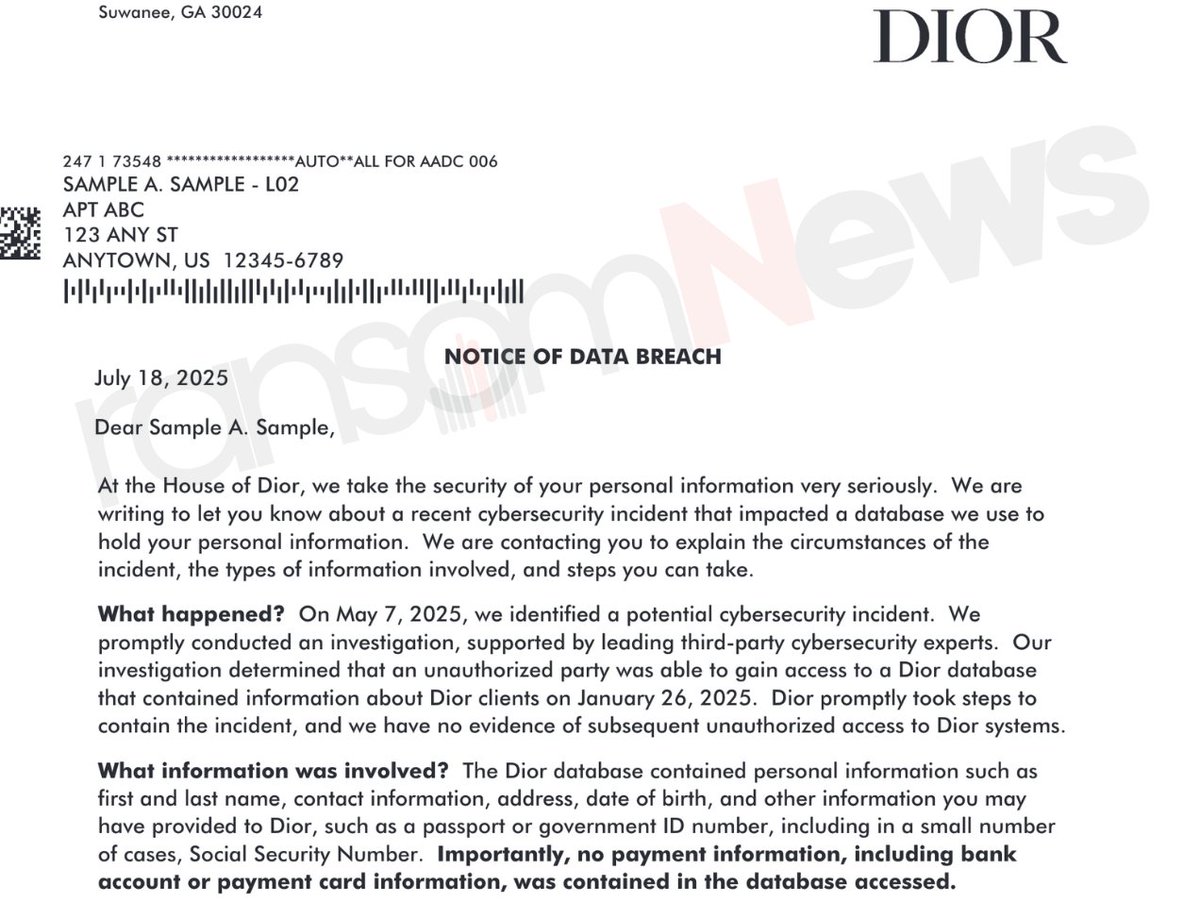 ransomnews's tweet image. 🚨 Dior notifies US customers of data breach
Luxury brand #Dior confirms Jan 2025 breach exposed names, DOBs, SSNs, IDs - via third-party vendor.
Linked to #ShinyHunters, the same attack behind the Louis Vuitton breach. No payment data leaked.
#ransomNews #CyberSecurity…