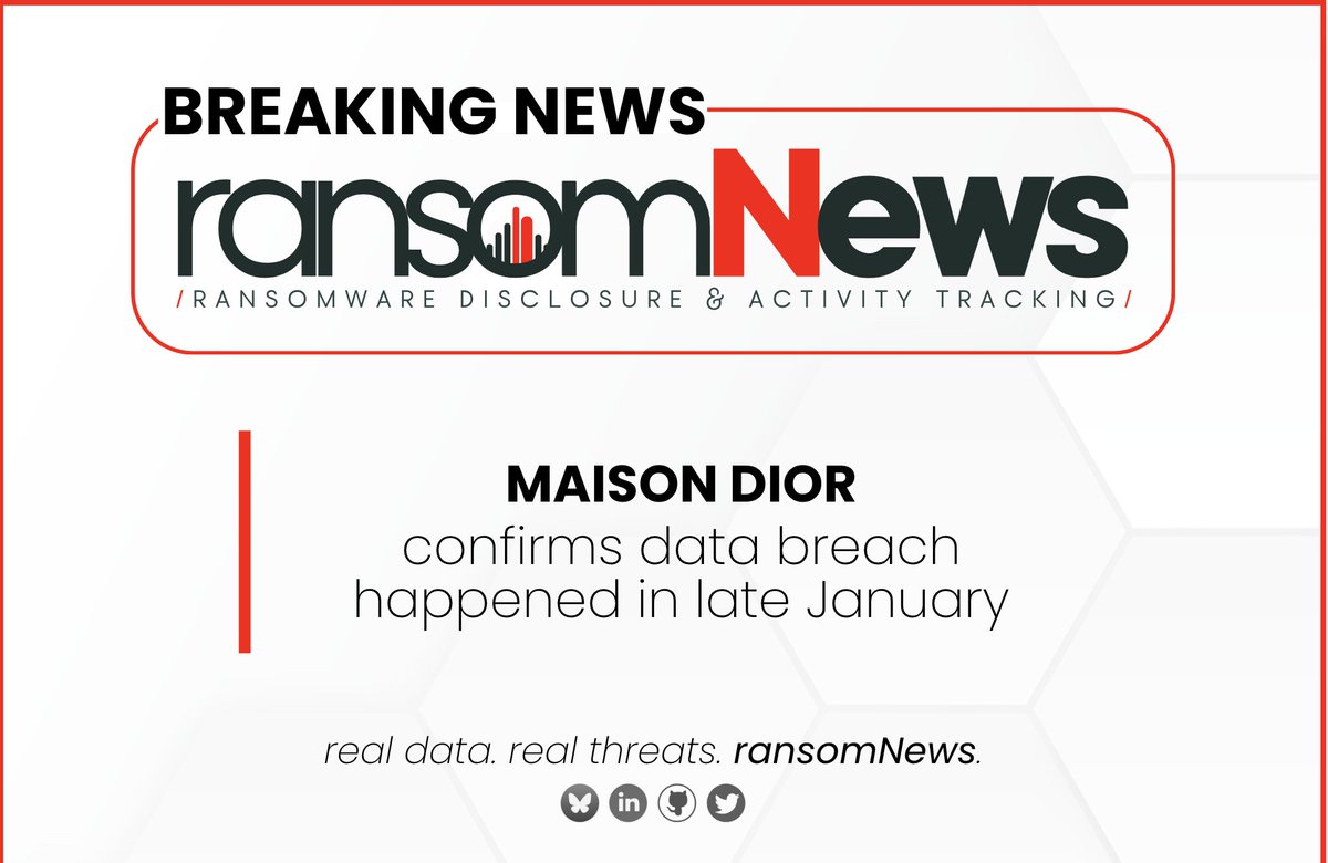 ransomnews's tweet image. 🚨 Dior notifies US customers of data breach
Luxury brand #Dior confirms Jan 2025 breach exposed names, DOBs, SSNs, IDs - via third-party vendor.
Linked to #ShinyHunters, the same attack behind the Louis Vuitton breach. No payment data leaked.
#ransomNews #CyberSecurity…