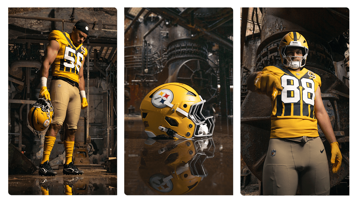 LiberateSD's tweet image. These throwback uniforms for the Steelers are a 1 out of 10. What the heck was that org thinking?