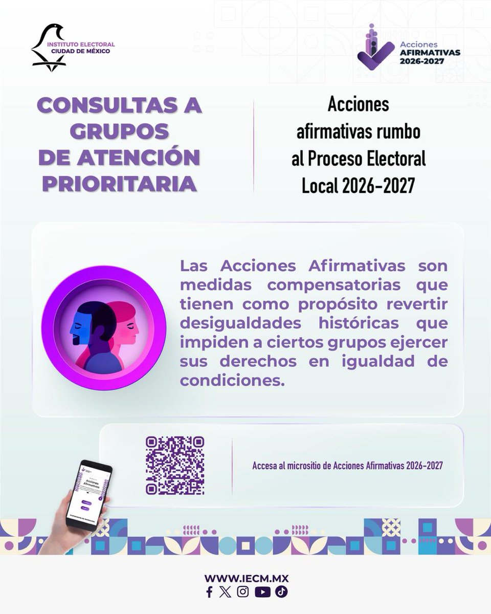 El #IECM trabaja para que en las próximas elecciones todas las personas puedan ejercer su derecho al voto y a ser electas.​
 📣 Con #AccionesAfirmativas, garantizamos la inclusión y la equidad. Consulta más en el micrositio 👉iecm.mx/www/sites/acci…