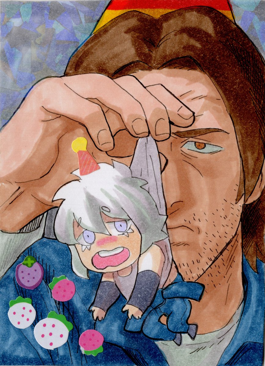 MaferMunuera's tweet image. Here's another Artist Trading Card (ATC) I did a while ago for a friend. Jimmy from #mouthwashing and my friend's OC.
6.4 cm x 8.9 cm
Markers & stickers. Background is holographic but hard to see when scanned.