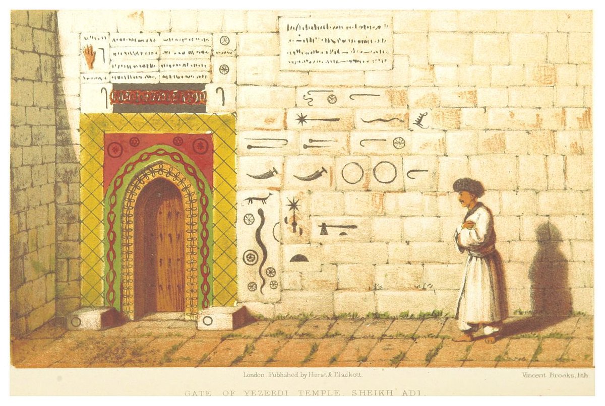 1865, Şeyh Adi Türbesi'nin giriş kapısında bulunan çeşitli kabartmalar.

1075 doğumlu olan Şeyh Adi, Laliş'e yerleşerek Adâvv’îyye tarikatını kurdu. Bu tarikat Ezidiliğin temelini oluşturmaktadır.

Şeyh Adi 1162'de vefat etti ve Laliş'e gömüldü. Ezidilerin kutsal mekanıdır.
