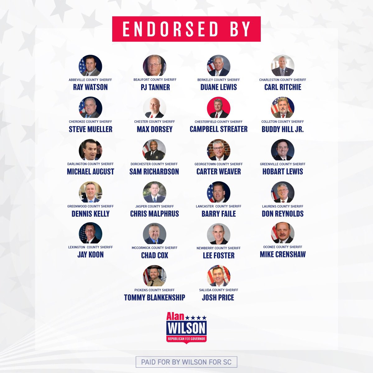 AGAlanWilson's tweet image. 22 sheriffs, the majority of Republican sheriffs, have endorsed my campaign for Governor. Law enforcement is the tip of the spear in protecting our communities, and I couldn’t be more honored to have their support. They know I’ll be the law and order Governor.