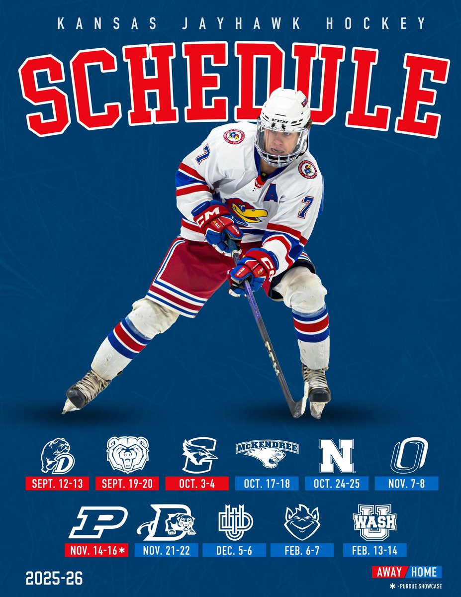 JayhawkHockey's tweet photo. Our 2025-2026 schedule just dropped! Which games are you looking forward to see?
#RockChalk #Jayhawkey #KU https://t.co/k96xVrveQO