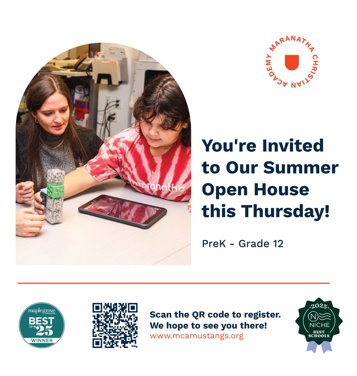 MCAmustangs's tweet image. 📣 Join us on campus this Thursday, July 24th for our summer Open House. This is a great opportunity to experience MCA firsthand, scan the QR Code to register! 🎉

#mcamustangs #mcacommunity