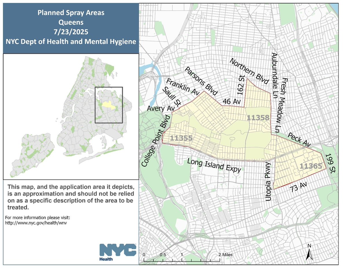 nycHealthy's tweet image. To reduce mosquito activity and the risk of West Nile virus, we'll be treating areas in Queens on Wednesday, July 23, between the hours of 8:30 p.m. and 6 a.m. the following morning.
More info: on.nyc.gov/40wL7ui
