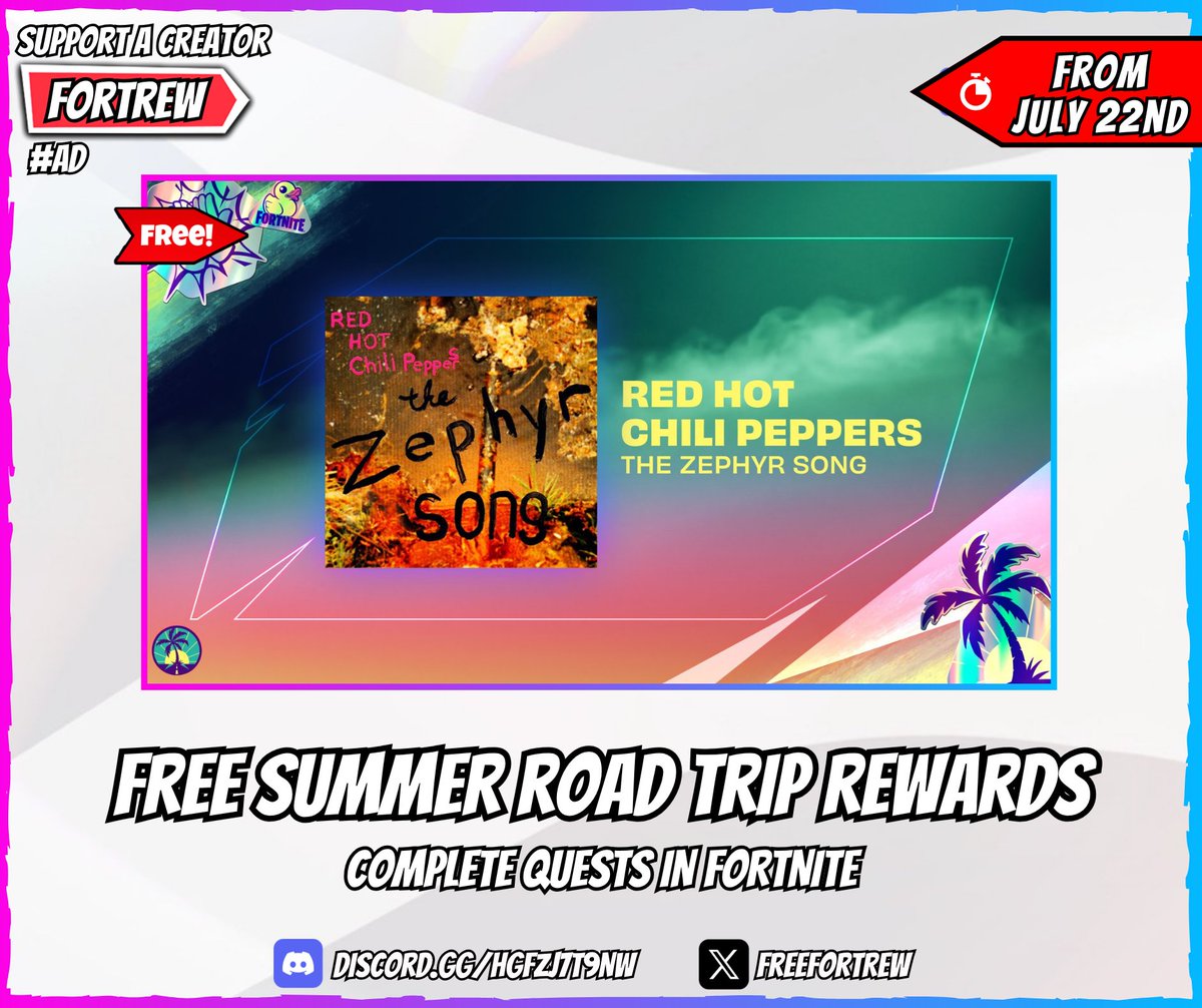 Free Summer Road Trip Rewards

Complete Quests in Fortnite.

🏆 Rewards:
• 3 Sprays
• 1 Banner
• 1 Wrap
• 1 Emoticon
• Chevrolet Corvette ZR1 Bundle
• 1 Jam Track

📅 Available from tomorrow (July 22nd).