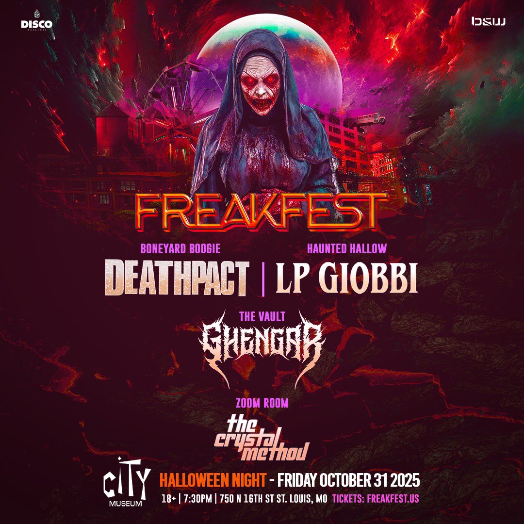 DiscoPresentsHQ's tweet image. ST. LOUIS 😈 FREAKFEST IS BACK! Join us on Halloween Night at City Museum with @DEATHPACT @LPGiobbi @Ghengarofficial & @crystalmethod 👻 See you on October 31st!
Sign up to receive an alert when ticket go on-sale and be entered for a chance to win a pair of VIP passes →…