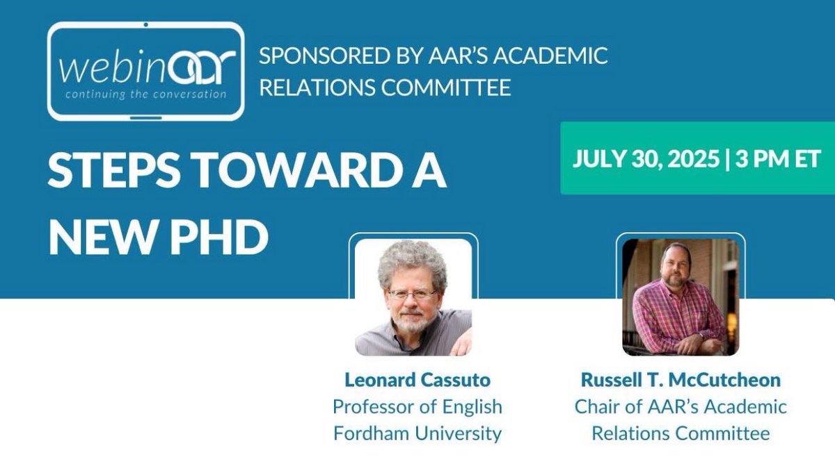 Russell McCutcheon (@mccutcheonsays) on Twitter photo Thinking about how to revise graduate programs for the moment we’re now in? Join us.
Register:
aarweb.org/event/steps-to…
<a href="/AARWeb/">American Academy of Religion</a> #TheNewPhD <a href="/LCassuto/">Leonard Cassuto</a> Thinking about how to revise graduate programs for the moment we’re now in? Join us.
Register:
aarweb.org/event/steps-to…
<a href="/AARWeb/">American Academy of Religion</a> #TheNewPhD <a href="/LCassuto/">Leonard Cassuto</a>