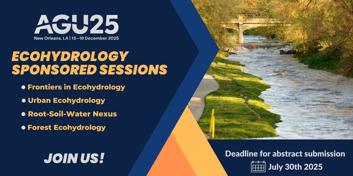 Abstracts for the AGU Ecohydrology Sponsored Sessions are due July 30!

We're offering four engaging sessions for ecohydrologists across all disciplines. Share your insights, spark new conversations, and be part of the vibrant #ecohydrology community at #AGU25!
#callforabstracts