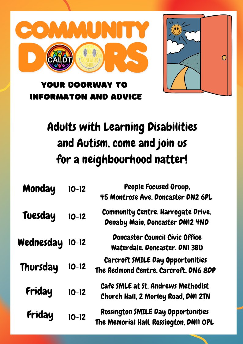 Community Doors has a new location! 

From Tuesday 29th July, the connectors will be at Harrogate Community Centre in Denaby, 10am to 12noon, every week.

Come and join us for a chat and if you want to connect with your community!

@doncasterdamian

#SocialCareOpenDoor