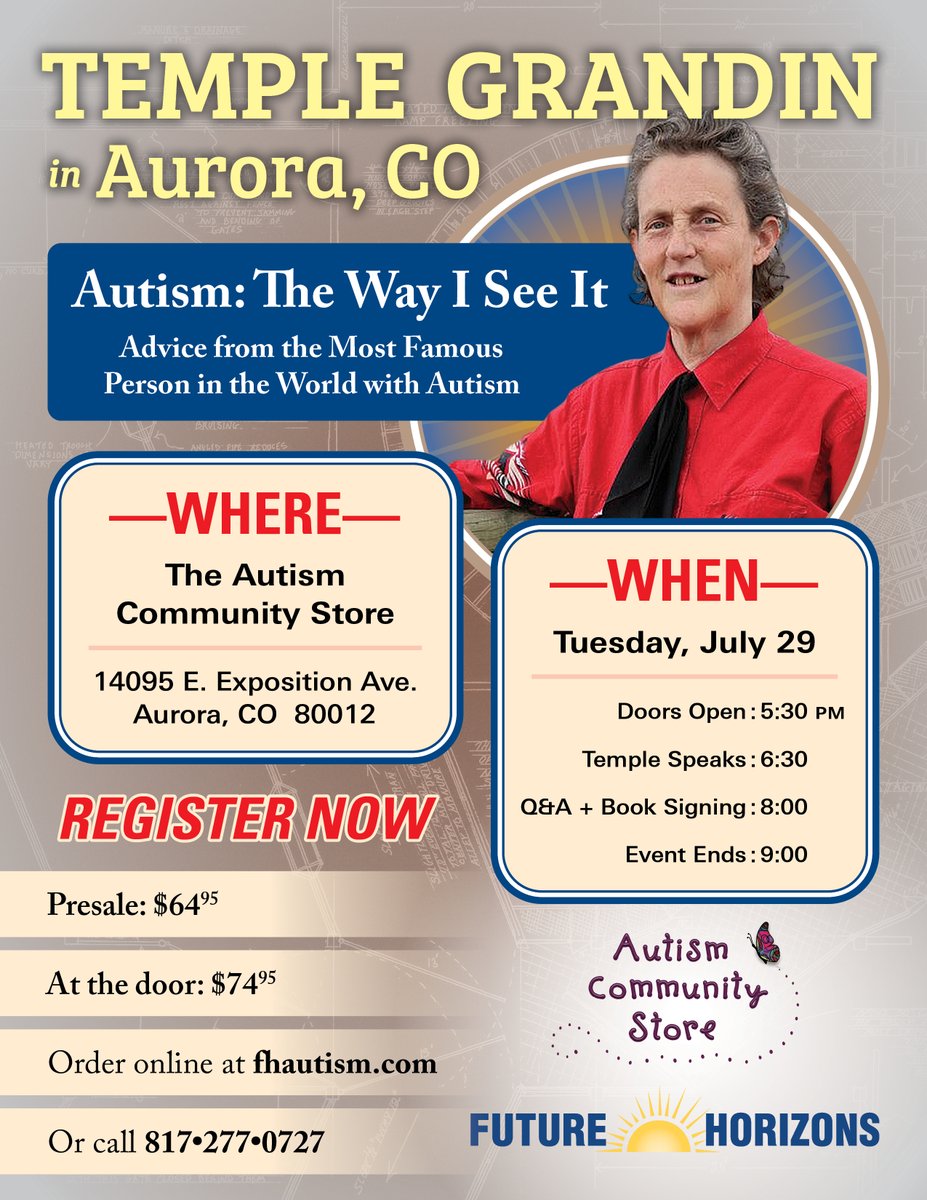 Don’t miss Dr. Temple Grandin in Aurora, CO — next Tuesday!

🎟️ Online: $64.95
🚪 At the door: $74.95
Insightful tips on autism across all life stages — from early childhood to college.

#TempleGrandin #AutismSupport #AuroraCO

Sign up today! fhautism.com/about-our-auti…