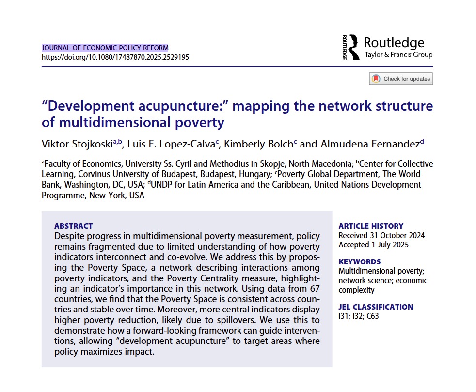 Luis Felipe LĂłpez-Calva (@lflopezcalva) on Twitter photo Proud to share that our Development Acupuncture paper is now published in the Journal of Economic Policy Reform!
With <a href="/ViktorStojkoski/">V</a>, <a href="/kbbolch/">Kimberly Bolch</a>, and <a href="/almudenaf/">Almudena Fernandez</a>, we propose a way to prioritize policy interventions based on how poverty indicators connect and influence each other. Proud to share that our Development Acupuncture paper is now published in the Journal of Economic Policy Reform!
With <a href="/ViktorStojkoski/">V</a>, <a href="/kbbolch/">Kimberly Bolch</a>, and <a href="/almudenaf/">Almudena Fernandez</a>, we propose a way to prioritize policy interventions based on how poverty indicators connect and influence each other.