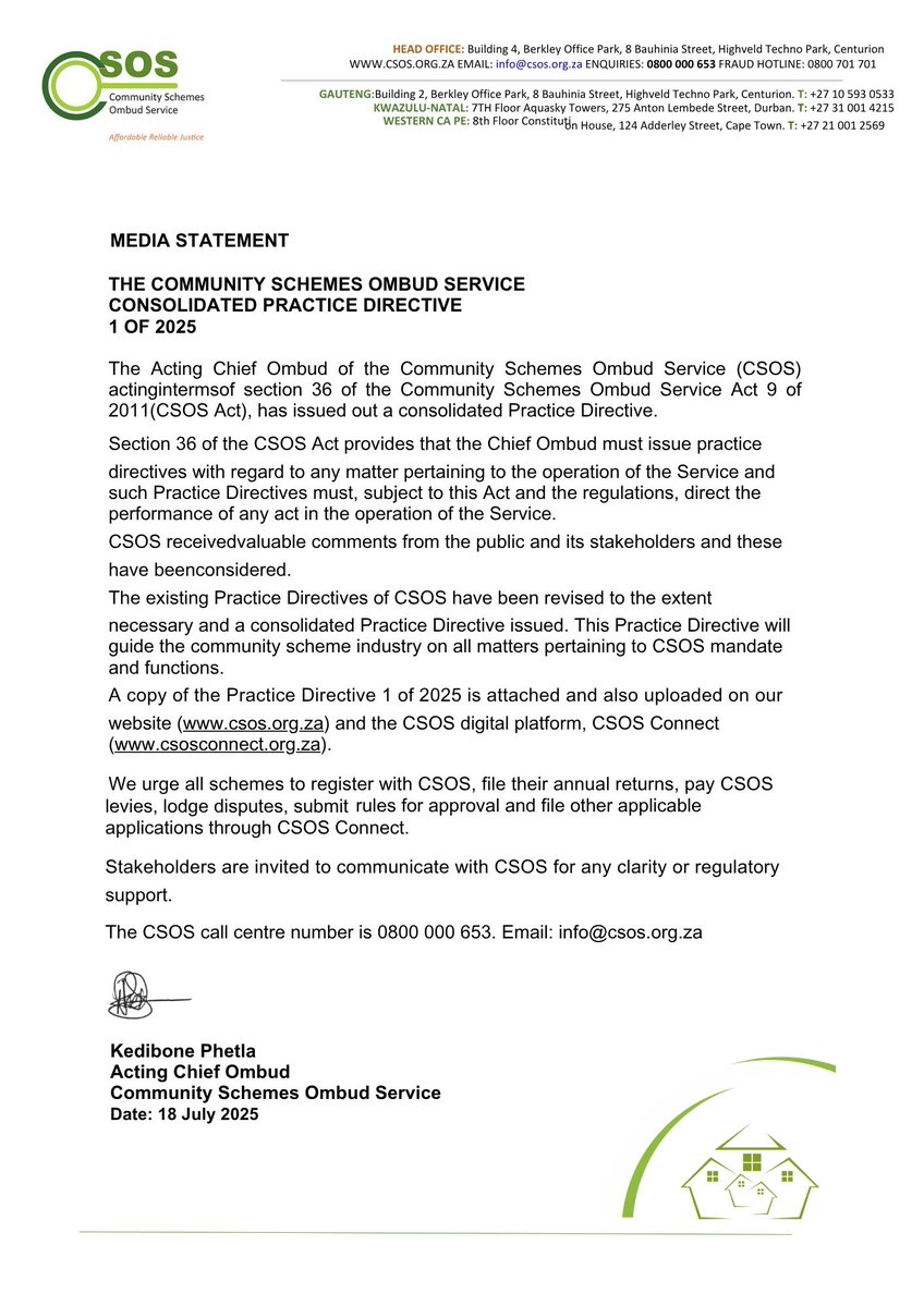 🚨 New Practice Directives Now Available 🚨

Big news for everyone living in or managing a community scheme 🏘️ — CSOS has just released Practice Directive 1 of 2025!

This updated directive brings together all the important rules and guidelines you need to know when it comes to