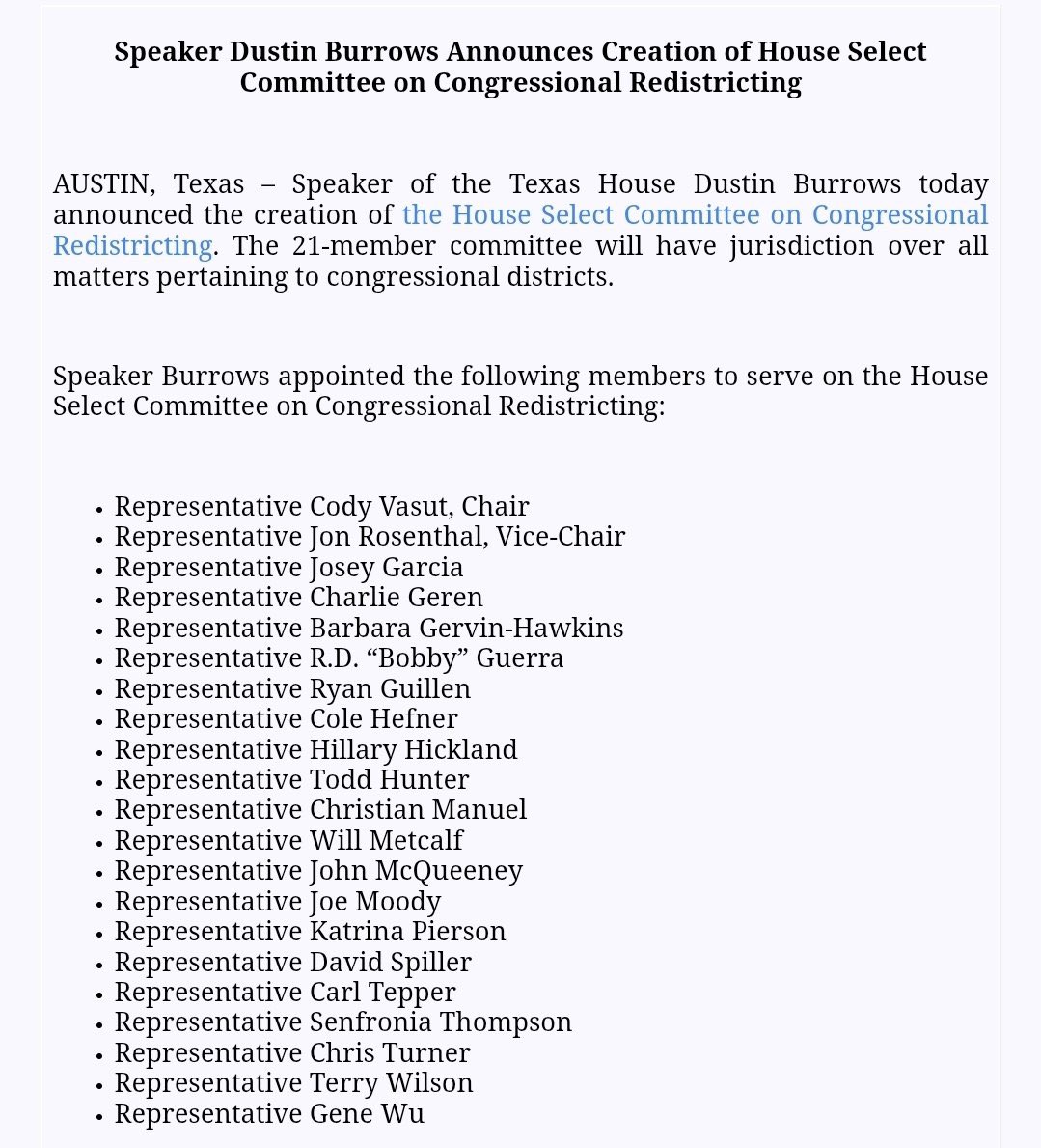 ColeHefnerTX's tweet image. It’s an honor to be appointed by Speaker Burrows to the House Select Committee on Congressional Redistricting.
As the special session kicks off today, I’m ready to get to work to ensure Texas’ congressional districts reflect the values and voices of our state! #txlege