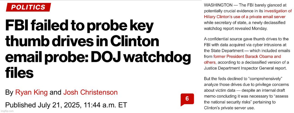 WarClandestine's tweet image. Things are heating up. 👀
AG Bondi just declassified OIG report to Congress via Grassley, showing that Comey and the Obama FBI intentionally ignored thumb drives during Hillary email investigation, because they had emails on them from OBAMA…
Meaning the Russiagate hoax against…