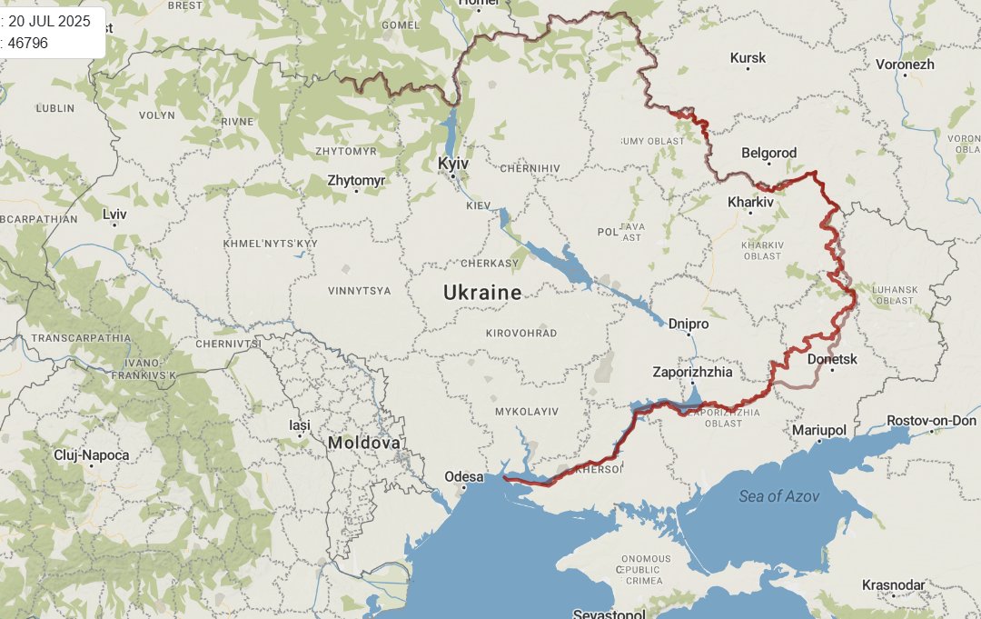 Dies ist die Karte vom Ende der ukrainischen Gegenoffensive Ende 2022 im Vergleich zum heutigen Juli 2025. Die dunkelrote Linie markiert das Jetzt, die hellere das Damals. Betrachten Sie das Gesamtbild.

Russland hat seitdem Hunderttausende Opfer zu beklagen, Tausende von