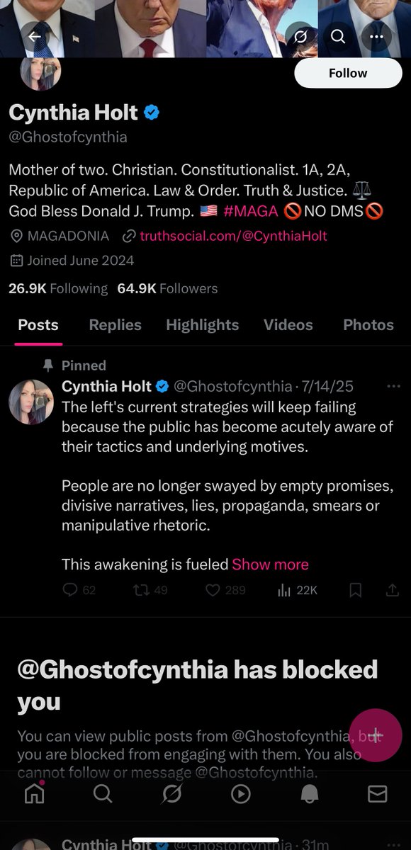 TacoBelleUSA's tweet image. Imagine blocking people because they call out gaslighting by our government.
Couldn’t be me @Ghostofcynthia 🤣
What a cult loser she is.