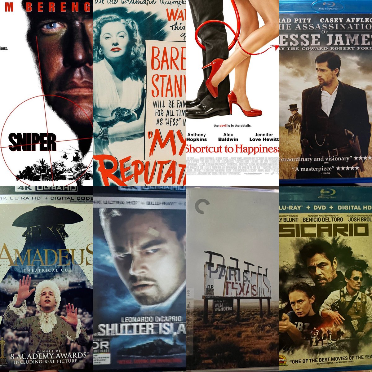 Weekend watches: 8
1. Sniper (1993)
2. My Reputation (1946)
3. Shortcut To Happiness (2003)
4. The Assassination Of Jesse James (2007)
5. Amadeus (1984)
6. Shutter Island (2010)
7. Paris, Texas (1984)
8. Sicario (2015