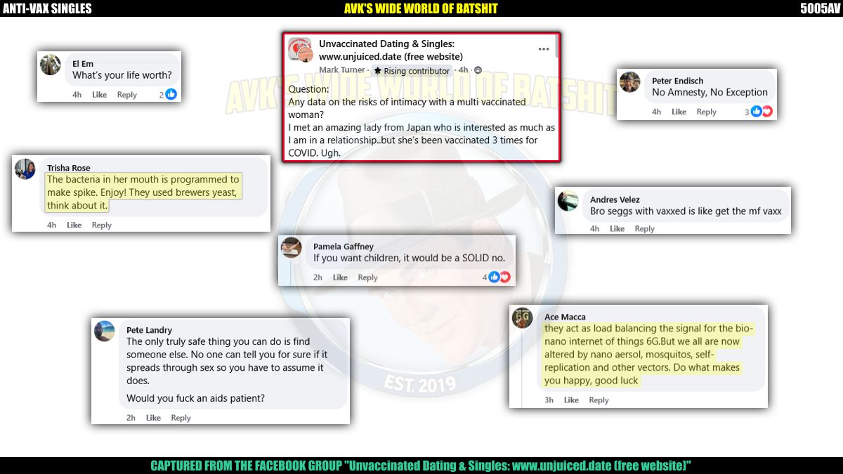 VaxxersAnti's tweet image. Anti-Vaxxers not living in fear of:
Dating
#antivax #antivaxxers #unvaxxed #unvaccinated