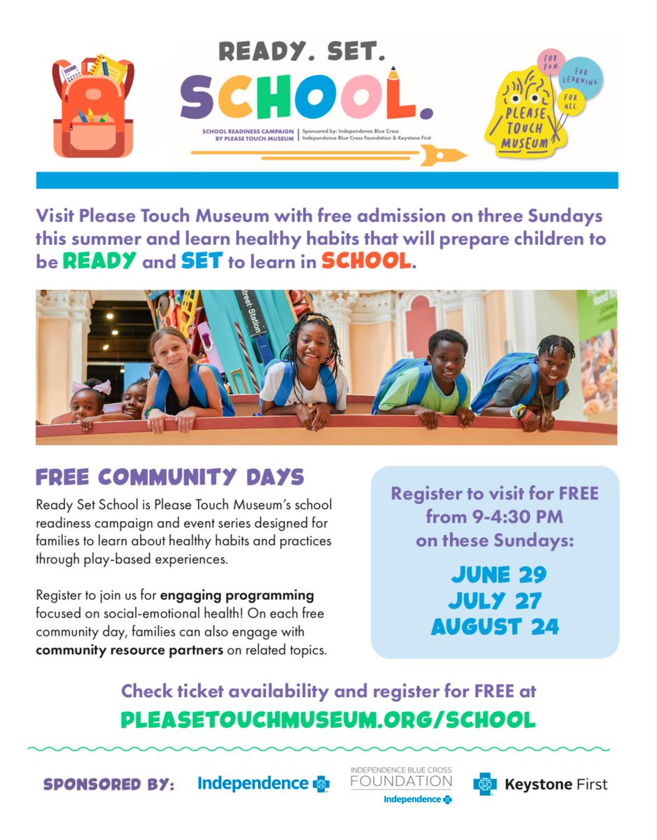 CMThomasPHL's tweet image. 🚨FREE Opportunity for young learners
Visit @pleasetouch for free at community days on July 27th and August 24th as our young ones get ready for the incoming school year.
Register: pleasetouchmuseum.org/school