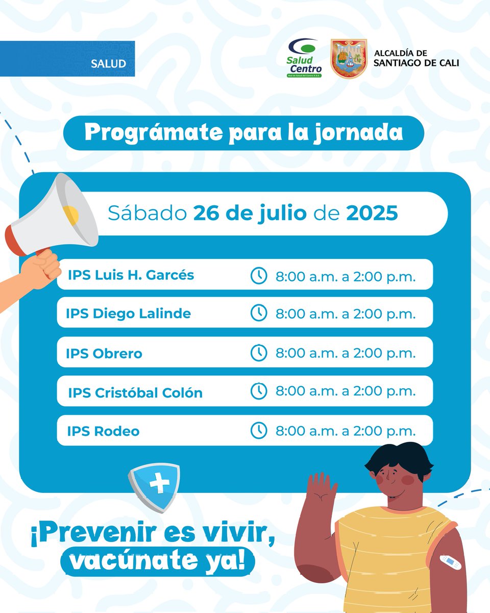 ¡Atención! 
🗓️Este sábado 26 de julio tendremos la 3ra. Jornada Nacional de Vacunación 2025. 🩹

💙 ¡Prevenir es vivir, vacúnate ya!
📲 Comparte esta información y cuida a los que más quieres. 🧑‍🧑‍🧒‍🧒

#RedDeSaludDelCentro #JornadaNacional #VacúnateYa  #SaludParaTodasYTodos