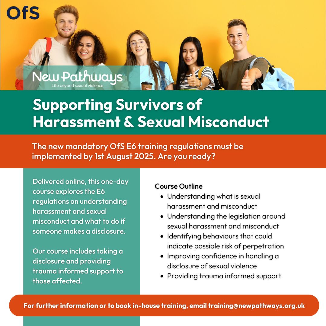 Are you OfS E6 ready?

Our open training courses are designed to support those working in further or higher education to understand how to support students and address harassment, sexual misconduct and/or violence.

NEXT COURSE: 28th July 

Learn more at buff.ly/pjR6gBc