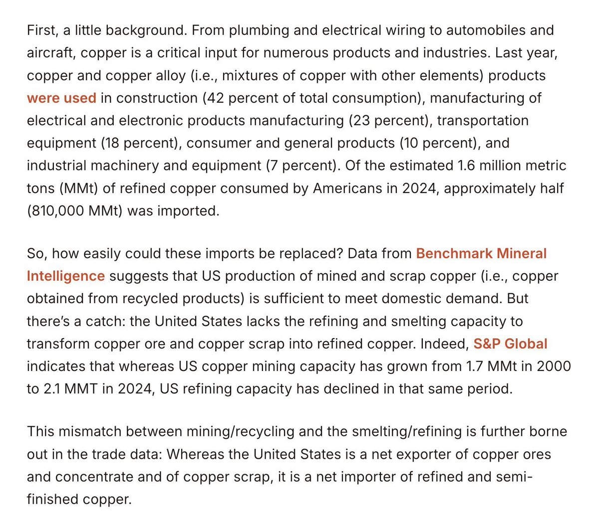 CatoTrade's tweet image. The reality of the US copper industry and our fraught experience with other Sec. 232 duties should caution that a 50% tariff on copper is unlikely to produce much reshoring of lost refining capacity or ramped-up mining. cato.org/blog/copper-ta…
✍️ @AlfredCObregon & @clark_packard