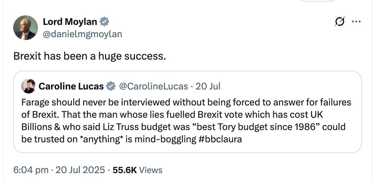 RHHassall's tweet image. Does pompous "Lord" Moylan @danielmgmoylan mean that Brexit has been a huge success in fucking up Britain? Because that seems to be the only way to make sense of his daft statement. 🙄
Or is he just an arrogant old fool? 🤔
