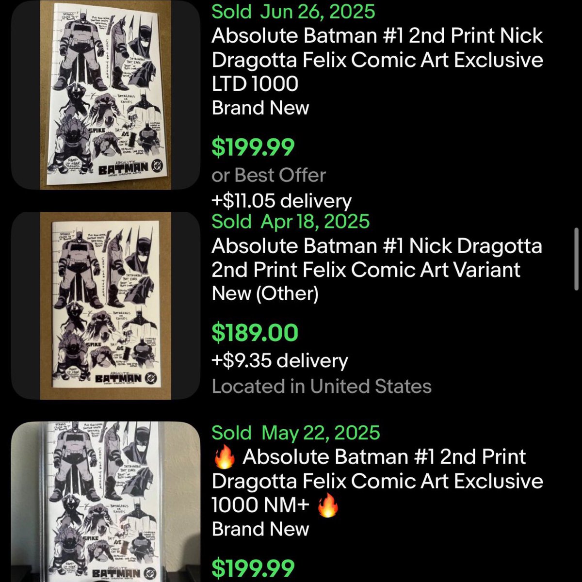 FelixComicArt's tweet image. Regular unsigned copies of our NICK DRAGOTTA limited edition exclusive ABSOLUTE BATMAN #1 variant has been selling for $200 on eBay…get a signed/remarqued copy from us at #SDCC2025 for $150! See us at booth #4612 during Nick’s signings to get yours! felixcomicart.com