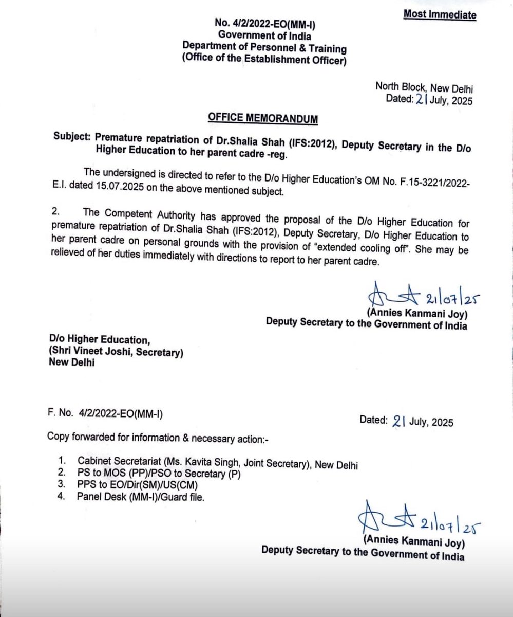 Premature repatriation of Dr Shalla Shah, Deputy Secretary in the D/o Higher Education to her parent Cadre.