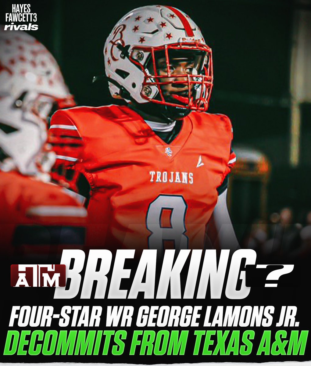 Hayesfawcett3's tweet image. BREAKING: Four-Star WR George Lamons (2027) has Decommitted from Texas A&M, he tells me for @rivals
The 6’4 215 WR from Quitman, GA had been Committed to the Aggies since April
He’s ranked as a Top 5 TE in ‘27 but is being recruited as a WR
on3.com/rivals/news/20…