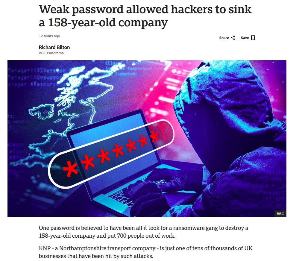 nixcraft's tweet image. One weak password is believed to have been all it took for a ransomware gang to destroy a 158-year-old company and put 700 people out of work in UK. This is why you need a strong password along with 2FA and all other cybersecurity practices that can be maintained by good IT staff