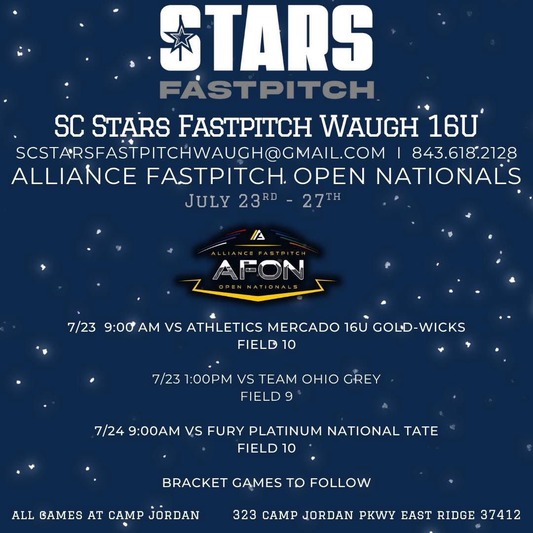 Heather Garrett 2027 (@heather_g_44) on Twitter photo Schedule drop for Alliance Open Nationals June 23-27. Last summer tournament. Come see some Stars. 🌟💫💙🩶
<a href="/starsnationalfp/">Stars Organization</a> <a href="/scstarswaugh/">SC Stars Fastpitch Waugh/Gleason</a> <a href="/CoastRecruitsSB/">Coast Recruits 🥎</a> <a href="/MSPtakeover/">Minority Softball Prospects</a> <a href="/ExtraInningSB/">EXTRA INNING SOFTBALL</a> <a href="/LineDsoftball/">Line Drive Media</a> <a href="/Softball_Alley/">Softball Alley</a> <a href="/SoftballDown/">Down South Softball</a> <a href="/FastpitchAthRec/">Fastpitch Athlete Recruits</a> <a href="/SBRRetweets/">Softball Recruiting Reposts</a> <a href="/A2Bmechanics/">A2Bmechanics</a> Schedule drop for Alliance Open Nationals June 23-27. Last summer tournament. Come see some Stars. 🌟💫💙🩶
<a href="/starsnationalfp/">Stars Organization</a> <a href="/scstarswaugh/">SC Stars Fastpitch Waugh/Gleason</a> <a href="/CoastRecruitsSB/">Coast Recruits 🥎</a> <a href="/MSPtakeover/">Minority Softball Prospects</a> <a href="/ExtraInningSB/">EXTRA INNING SOFTBALL</a> <a href="/LineDsoftball/">Line Drive Media</a> <a href="/Softball_Alley/">Softball Alley</a> <a href="/SoftballDown/">Down South Softball</a> <a href="/FastpitchAthRec/">Fastpitch Athlete Recruits</a> <a href="/SBRRetweets/">Softball Recruiting Reposts</a> <a href="/A2Bmechanics/">A2Bmechanics</a>