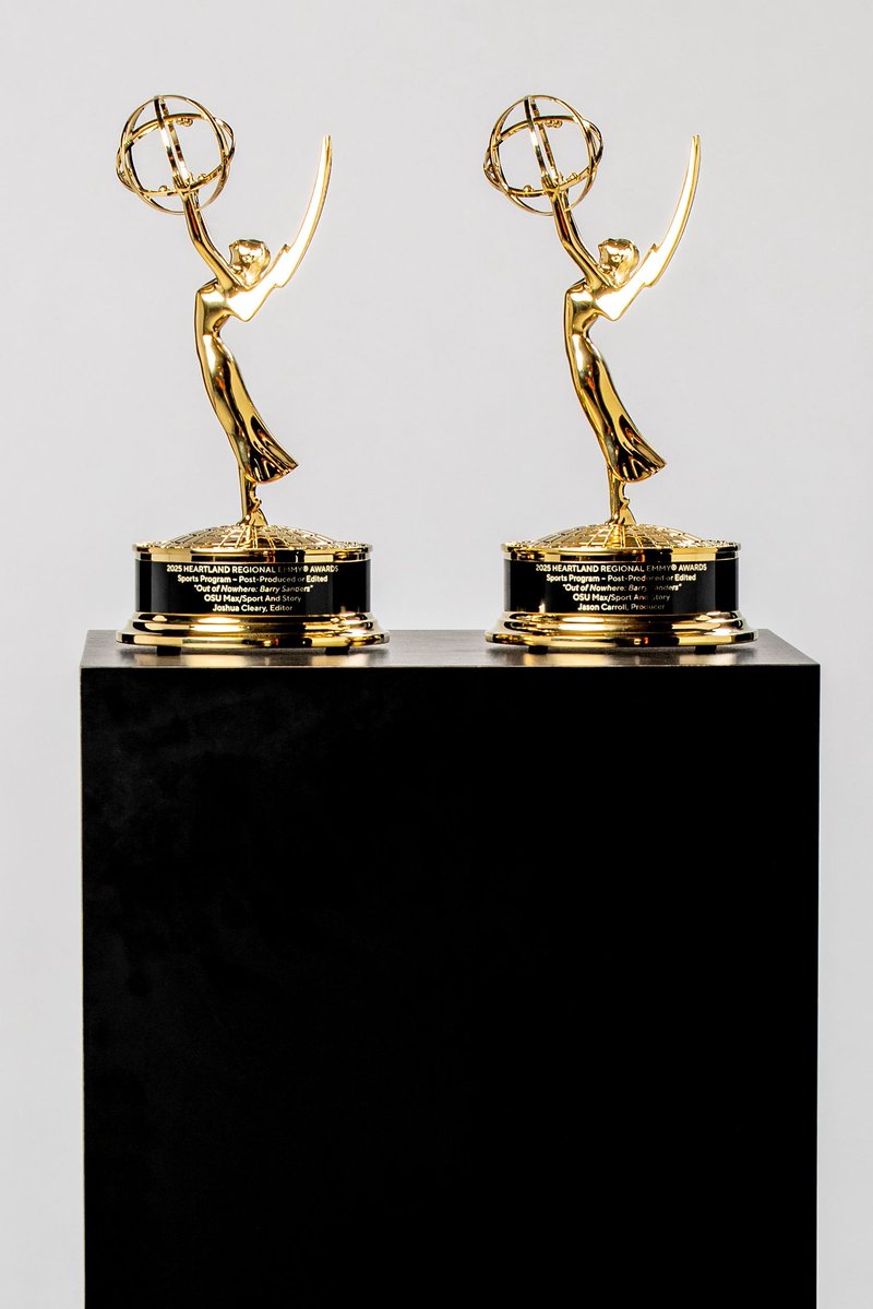 OSUAthletics's tweet image. Congratulations to @osu_max’s @JasonCarroll21 and @JoshuaRCleary on their Heartland Emmy win for “Out of Nowhere”, the Barry Sanders documentary. Stream it today at OSUMax.com!
