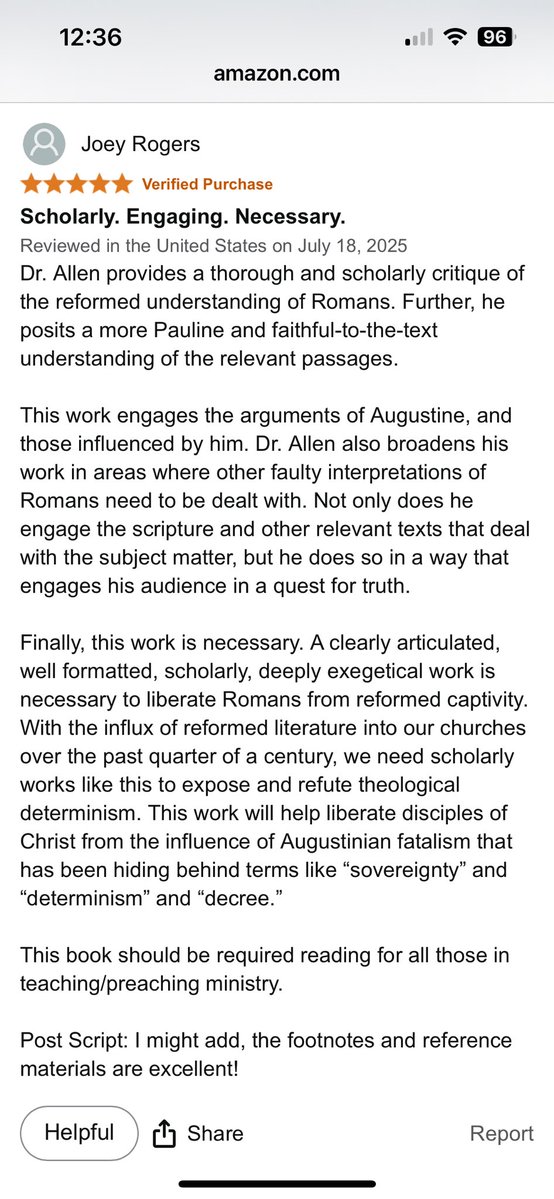 JoeyRogersMBC's tweet image. My review on Amazon of @DrDavidLAllen latest work, Liberating Romans from Reformed Captivity. “Scholarly. Engaging. Necessary.”