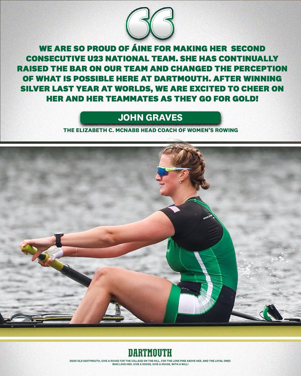 DartmouthWRow's tweet image. The U23 World Championships begin tomorrow in Poland. Best of luck to captain Áine Ley!
#GoBigGreen | #TheWoods🌲