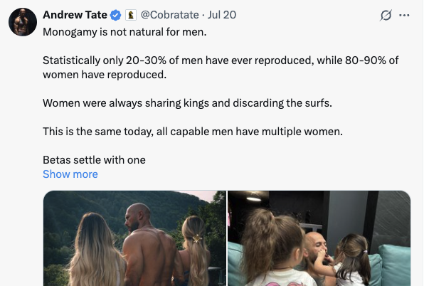 PaulAnleitner's tweet image. Obviously, there are numerous things wrong with this attempt at outrage farming, but there's one thing he got correct:
There is a mismatch between the male evolutionary instinct for polygyny and the modern moral norm of monogamous marriage.
But here's why his strategy is…