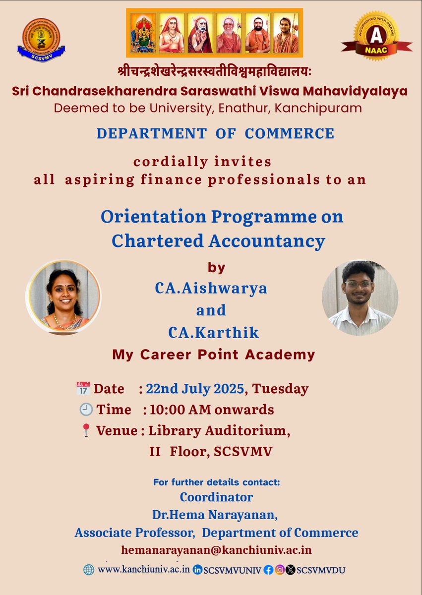 Dept. of Commerce - SCSVMV Organises 
"Orientation Programme on Chartered Accountancy" by CA.Aishwarya and CA.Karthik, My Career Point Academy for aspiring finance professionals