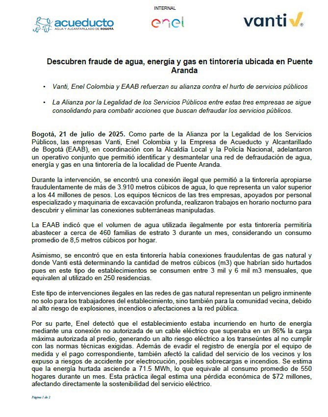 Grupo Vanti (@grupovanti) on Twitter photo #VantiNoticias 📢 Descubren fraude de agua, energía y gas en tintorería ubicada en Puente Aranda
✅ Reforzamos nuestra alianza contra el hurto de servicios públicos con <a href="/EnelColombia/">Enel Colombia</a> y <a href="/AcueductoBogota/">Acueducto de Bogotá</a> #VantiNoticias 📢 Descubren fraude de agua, energía y gas en tintorería ubicada en Puente Aranda
✅ Reforzamos nuestra alianza contra el hurto de servicios públicos con <a href="/EnelColombia/">Enel Colombia</a> y <a href="/AcueductoBogota/">Acueducto de Bogotá</a>