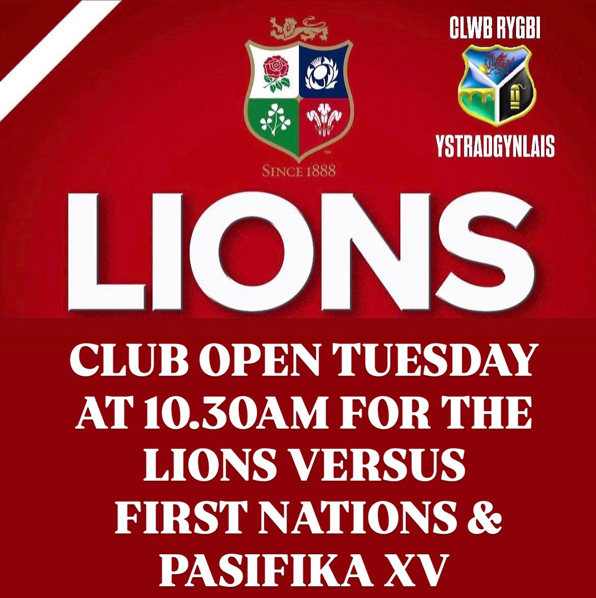 We will be open from 10.30am tomorrow for the Lions v First Nations &amp; Pasifika XV game. There will be no breakfast available on this occasion but the bar will be open. All welcome.