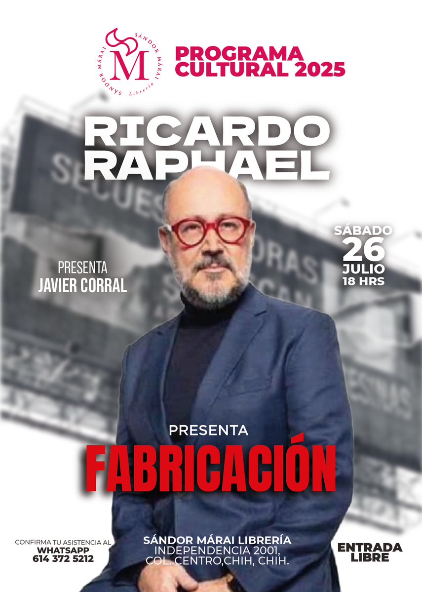 SandorMaraiLib's tweet image. ¿Puede alguien ser víctima y victimario al mismo tiempo? Te invitamos a la presentación de #Fabricación de @ricardomraphael: un libro que revela cómo política, medios y justicia se confabulan para destruir vidas. Sábado 26 de julio, 18 h. ¡No faltes y llévate tu ejemplar firmado!